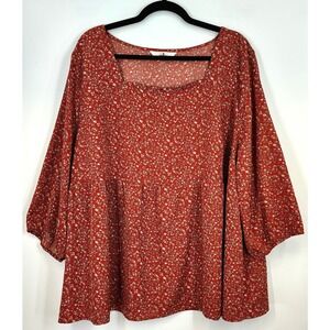 Agnes Orinda Rust Red Floral Square Neck Babydoll Blouse Size 4X Cottagecore